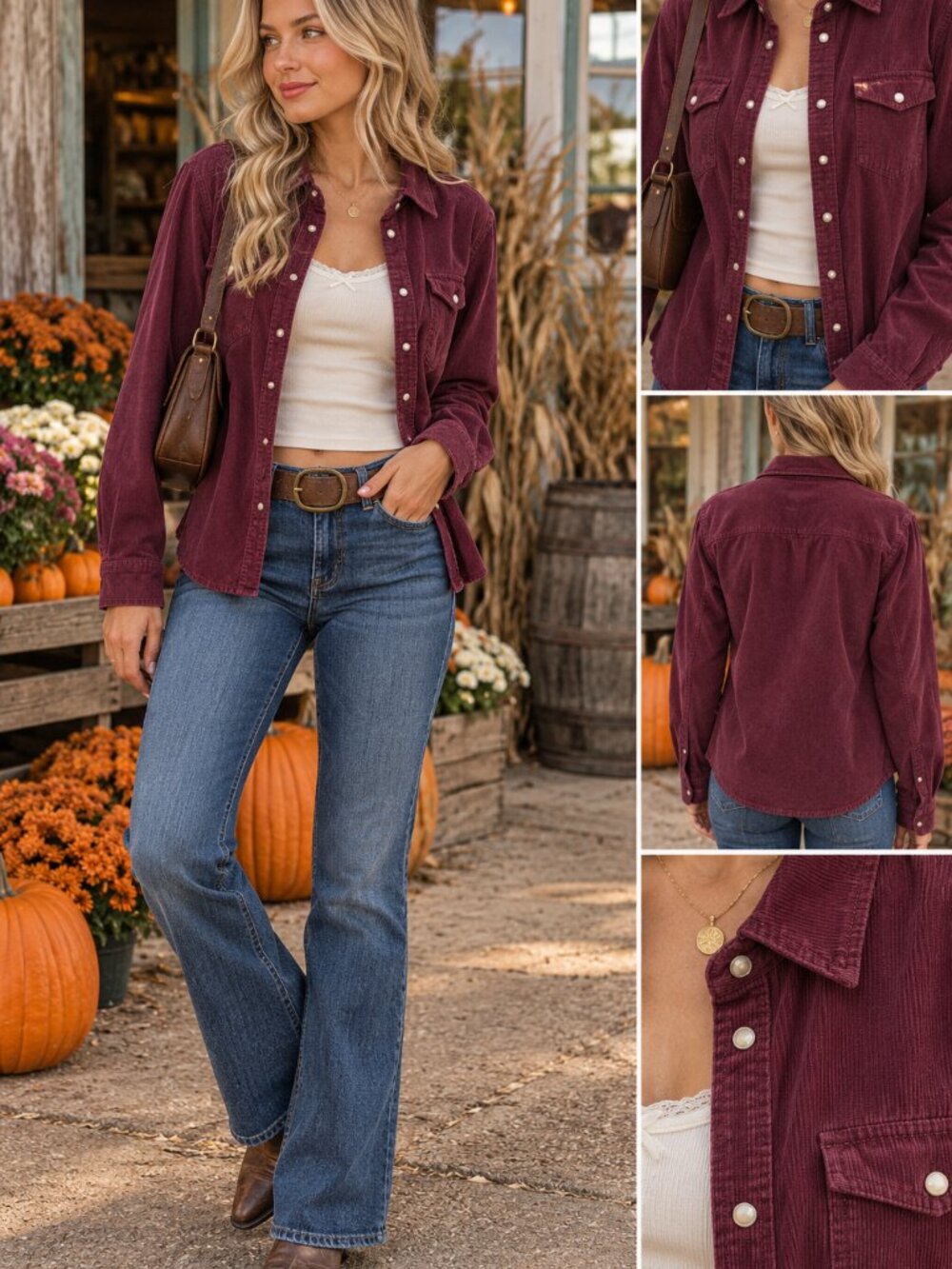 American Eagle Burgundy Corduroy Pearl Snap Shirt L Western Y2K
